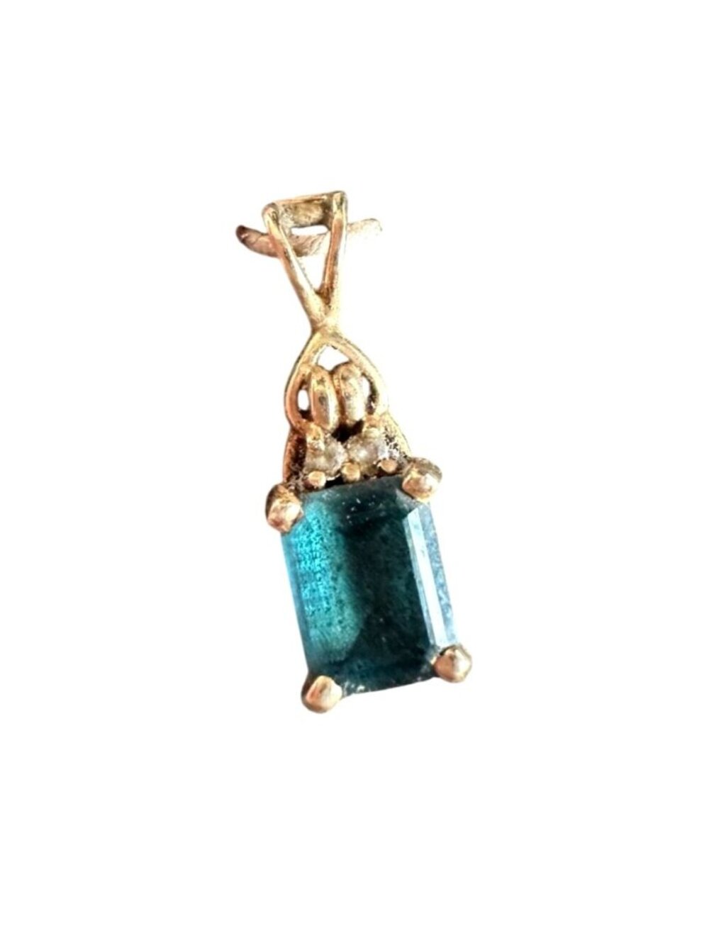 Vintage 14K Yellow Gold Emerald-Cut Teal Blue Gemstone Pendant with Accent Stone